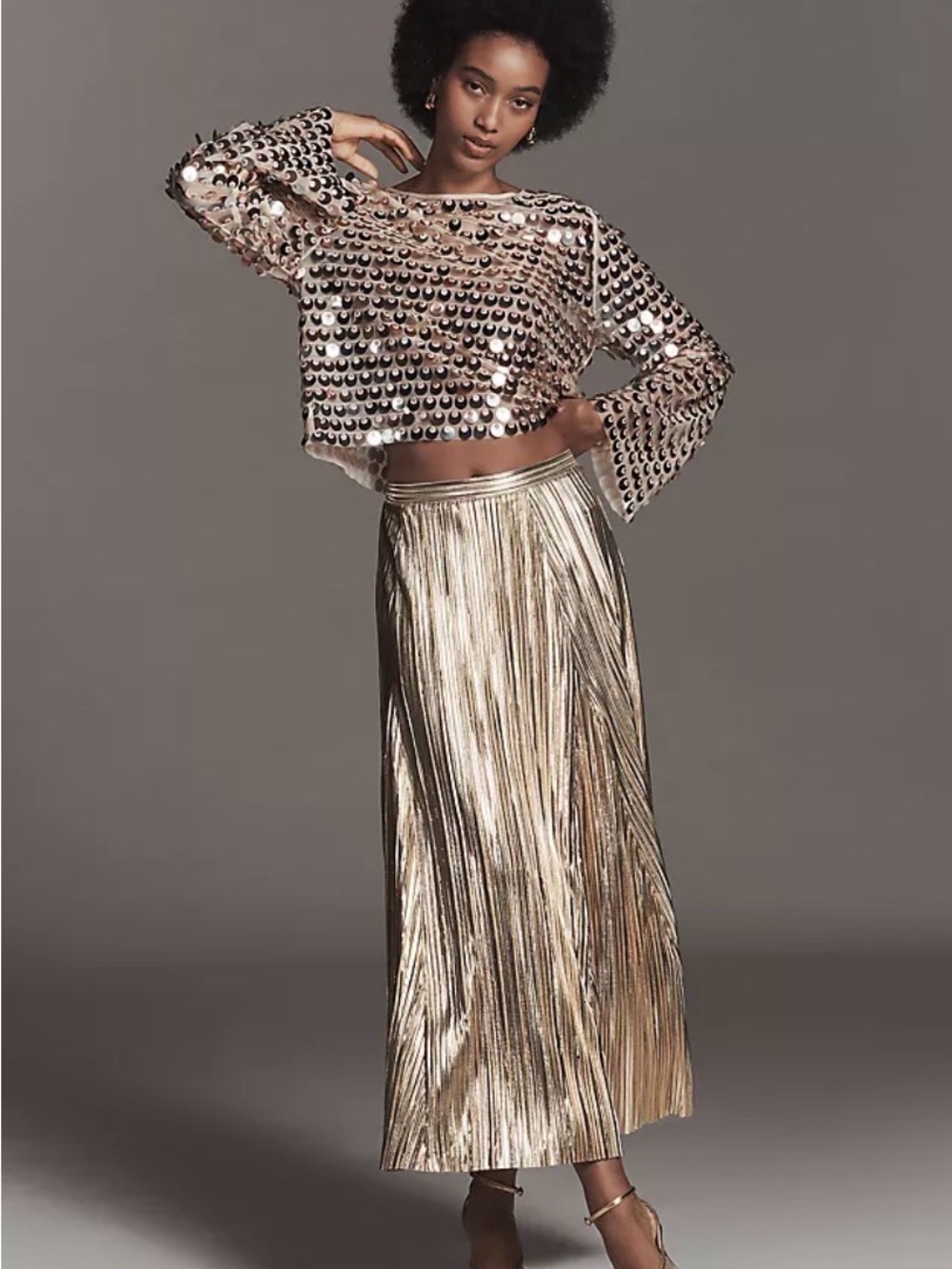 Anthropologie Metallic Gold Pleated Midi Skirt